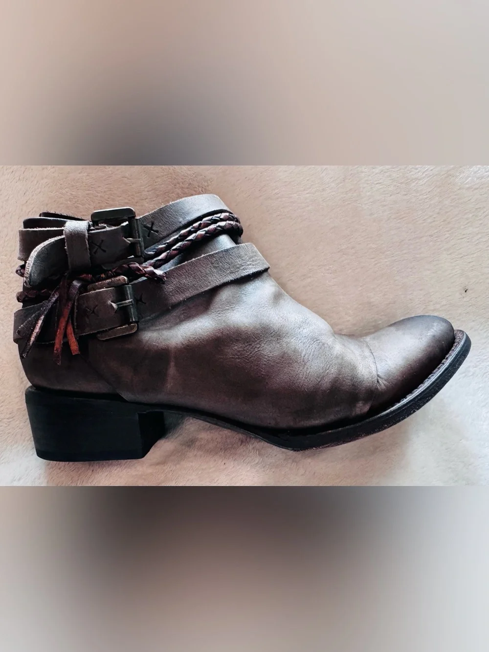 FREEBIRD by Steven Distressed Leather Ankle Booties Braided Buckle Boots